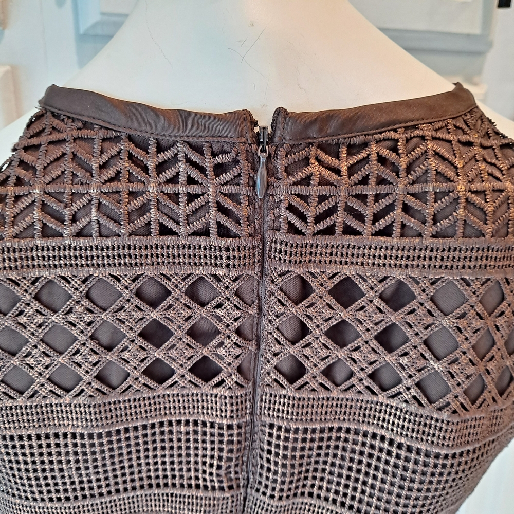 Brown Shimmer Crochet Laser Cut Halter Sheath Dress - Picture 7 of 11